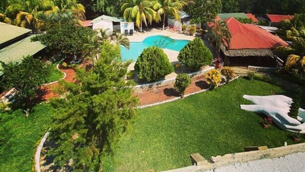 Um resort tropical com piscina rodeada por vegetação exuberante e palmeiras.