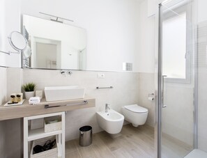 Shower, hair dryer, bidet, towels