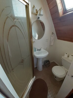 Combined shower/bathtub, hair dryer, towels, toilet paper - Cozy A-frame Cottage  (Pine Mountain Club)