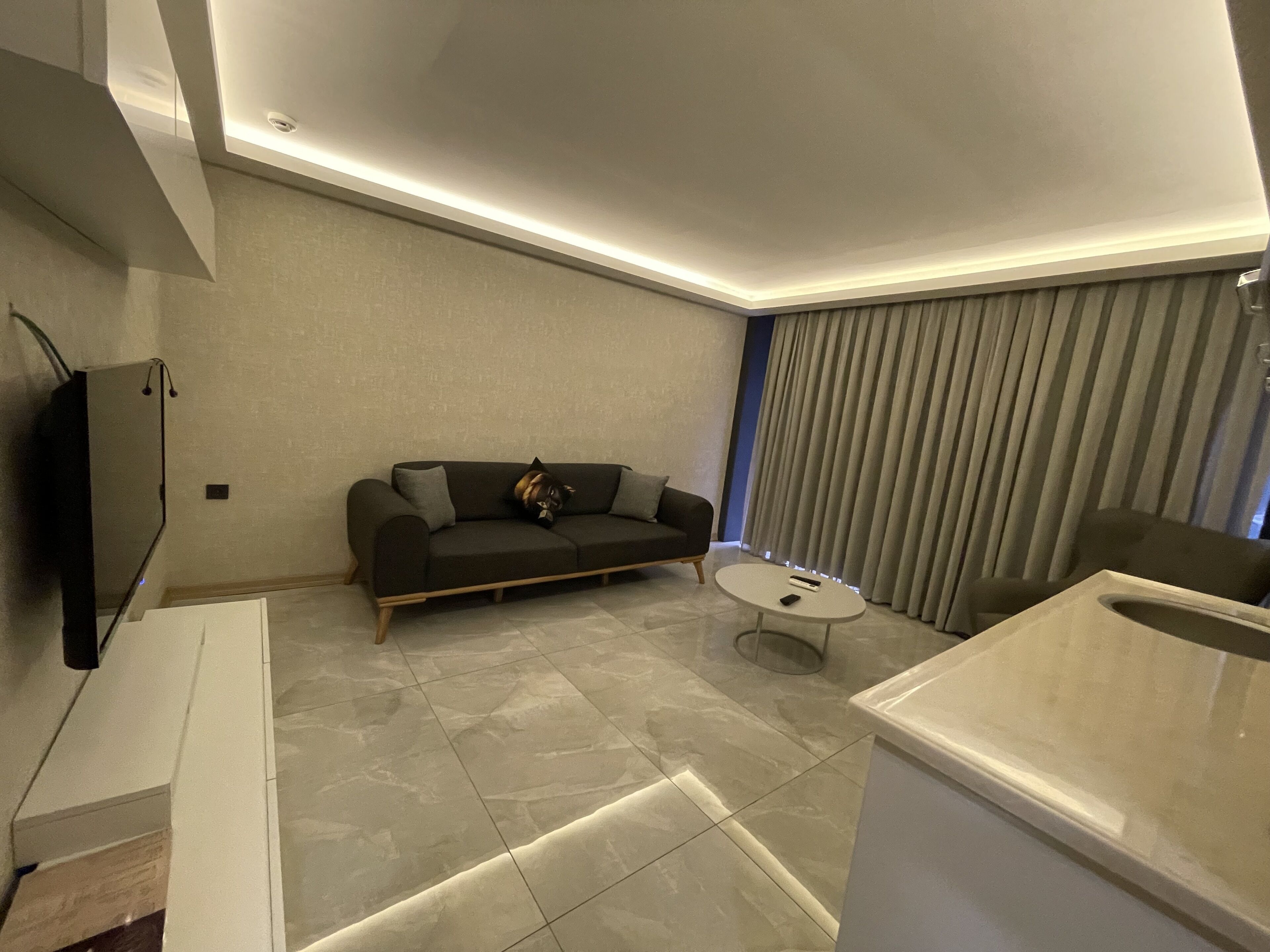 Uma sala de estar moderna com um sofá, uma mesa de centro e uma televisão.