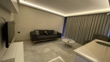 Uma sala de estar moderna com um sofá, uma mesa de centro e uma televisão.