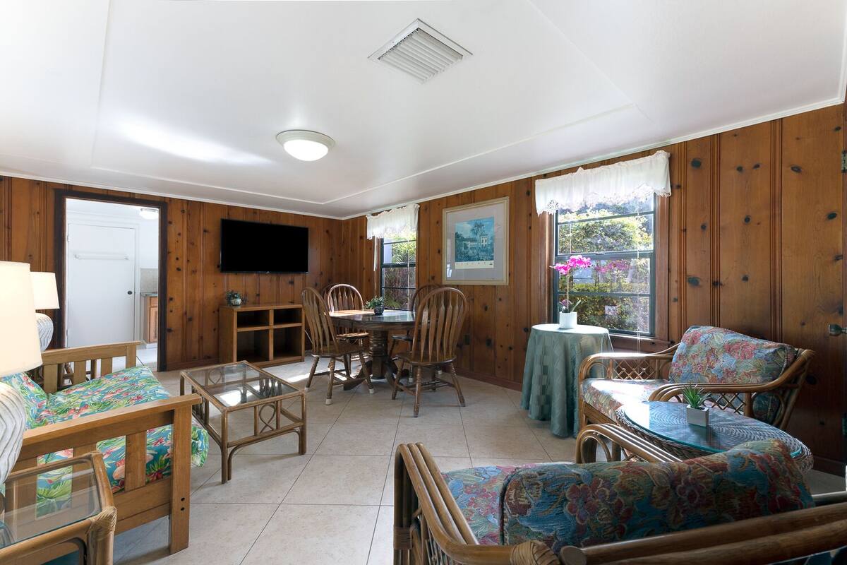 A cozy room with wooden walls, a dining table with chairs, a sofa, a TV, and a window with a view of greenery.