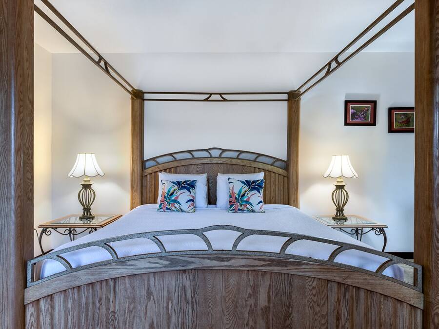 A four-poster bed with a wooden frame and a canopy, two bedside lamps, and two pillows with tropical prints.