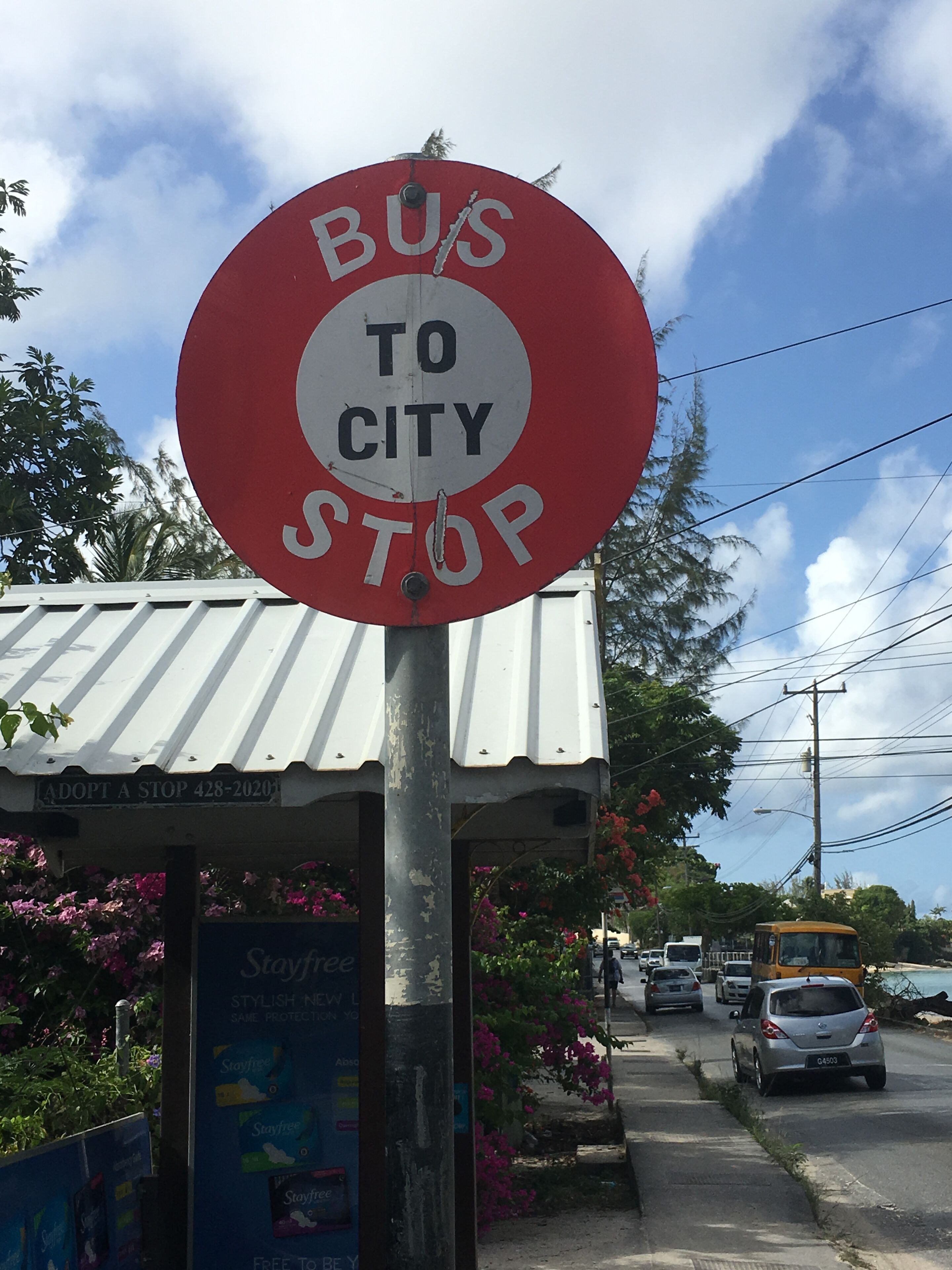 A bus stop sign with a shelter and a signboard advertising a free stay.