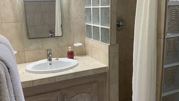 Shower, hair dryer, towels, toilet paper