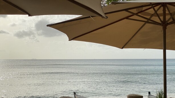 Un espace aménagé avec des tables, des chaises et un parasol, situé au bord de la plage et offrant une vue sur la mer.