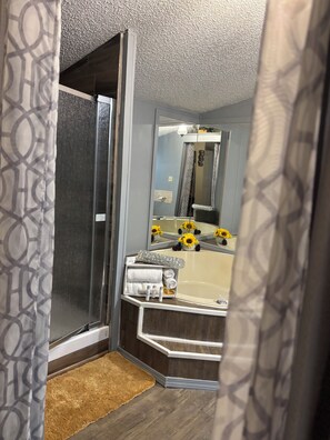 Hair dryer, towels, soap, shampoo