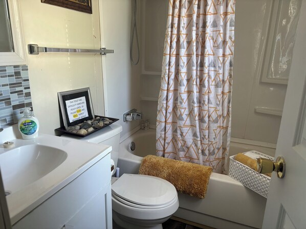Hair dryer, towels, soap, shampoo