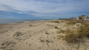 A sandy beach with footprints, sparse vegetation, and houses in the background. - Beach Blessing- Whole House (Edisto Island)