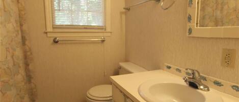 A bathroom with a toilet, sink, and window.