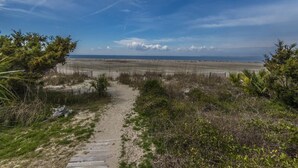 A sandy path leading to a beach with sparse vegetation and a clear sky. - Crowfield (Edisto Island)