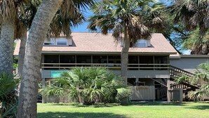 A two-story building with a flat roof, surrounded by palm trees and a well-maintained lawn. - Rooney Bin (Edisto Island)