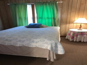 A bedroom with a bed, green curtains, a bedside lamp, and a small table with a plaid tablecloth. - 1017 Byrd St (Edisto Island)