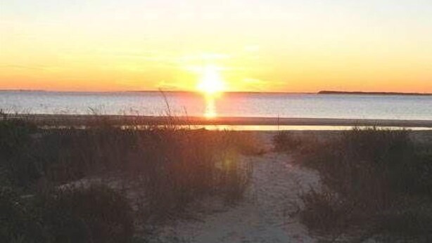 A wooden pathway leading to a beach at sunset. - Top Gunn (Edisto Island)