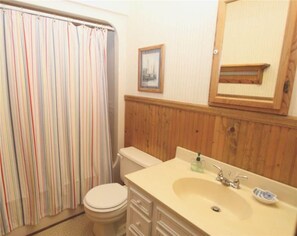 A bathroom with a striped shower curtain, a toilet, a sink with a mirror above it, and wooden paneling on the walls. - Miss Irene (Edisto Island)
