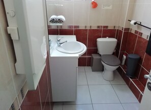 Douche, sĂšche-cheveux, serviettes fournies, papier toilette