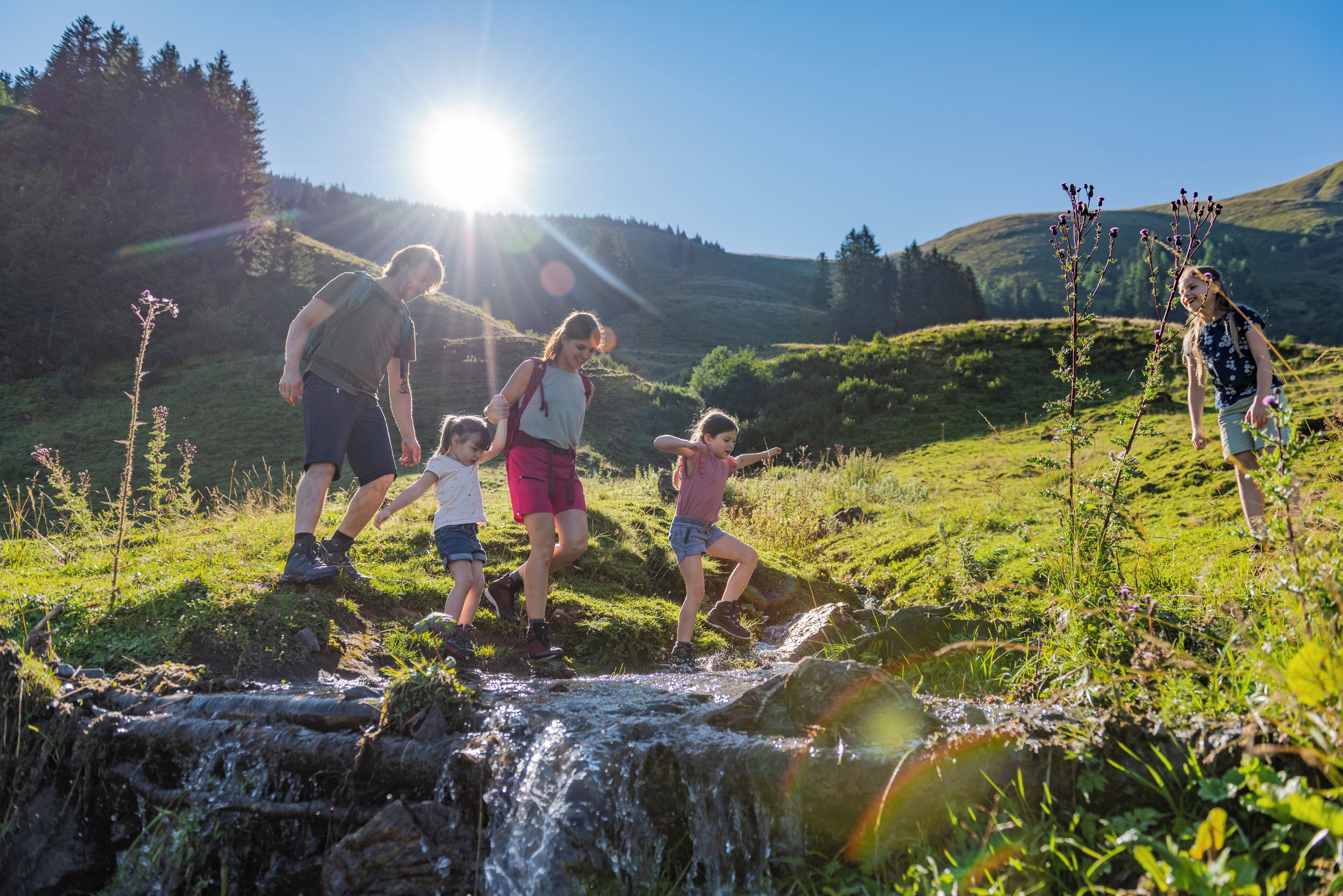 A family of five walking along a stream in a grassy, hilly landscape with a clear sky.