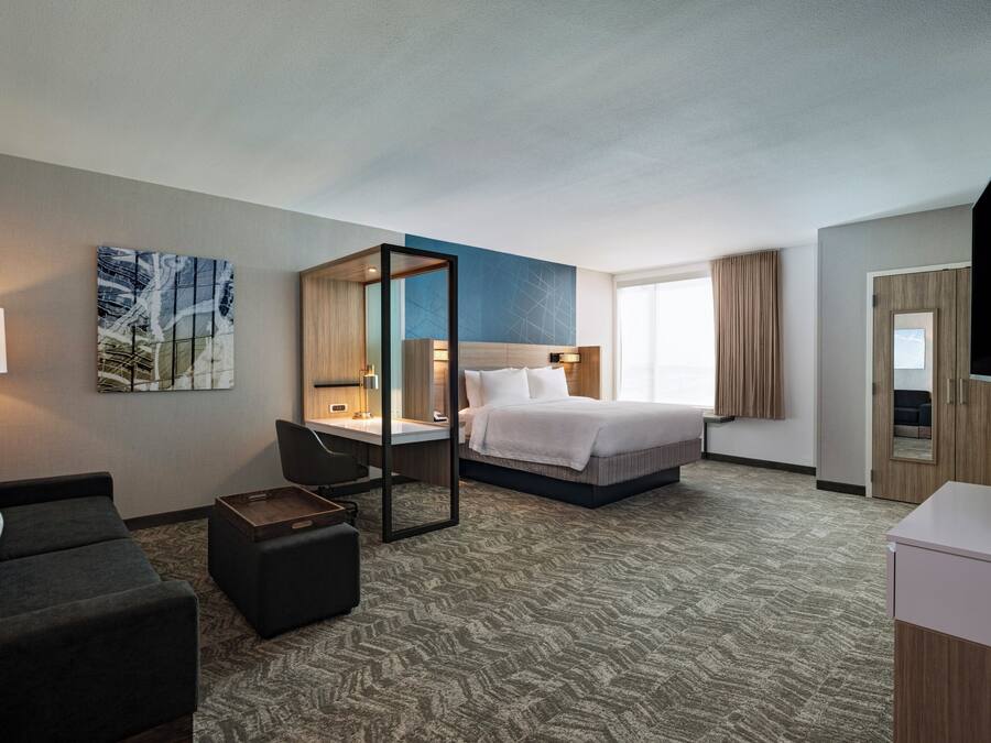 A hotel room with a bed, a desk, a chair, a sofa, a mirror, and a large window.