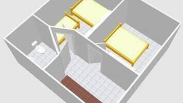 Een 3D-model van een hotelkamer met twee bedden, een kleine badkamer en een kitchenette.