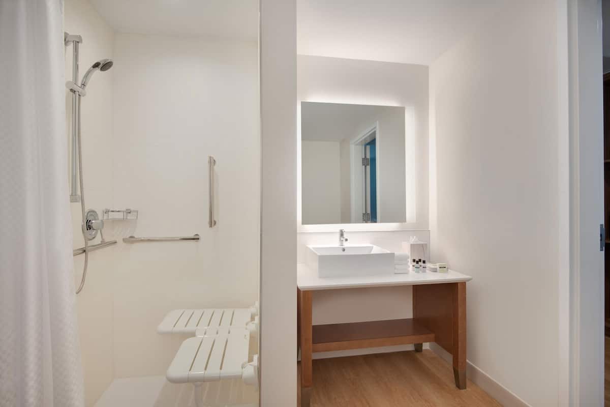 shower, hydromassage showerhead, free toiletries, hair dryer