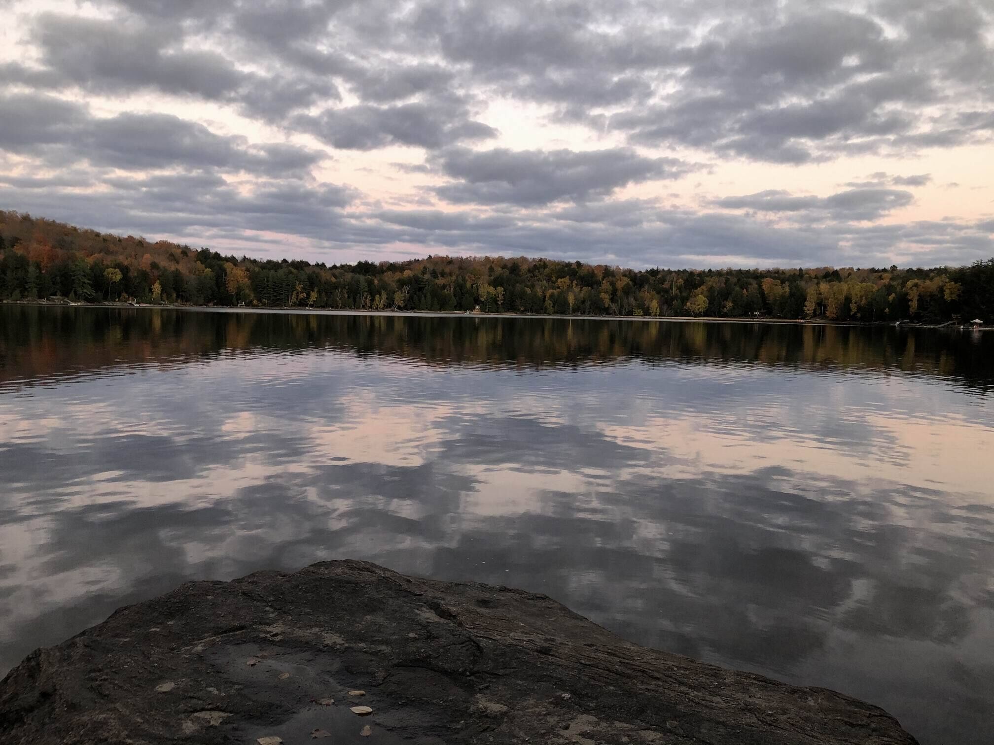 Un lac paisible, avec des rochers au premier plan et une rive bordée d’une forêt, sous un ciel nuageux.