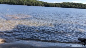 Un lac paisible, avec une colline boisée en arrière-plan.