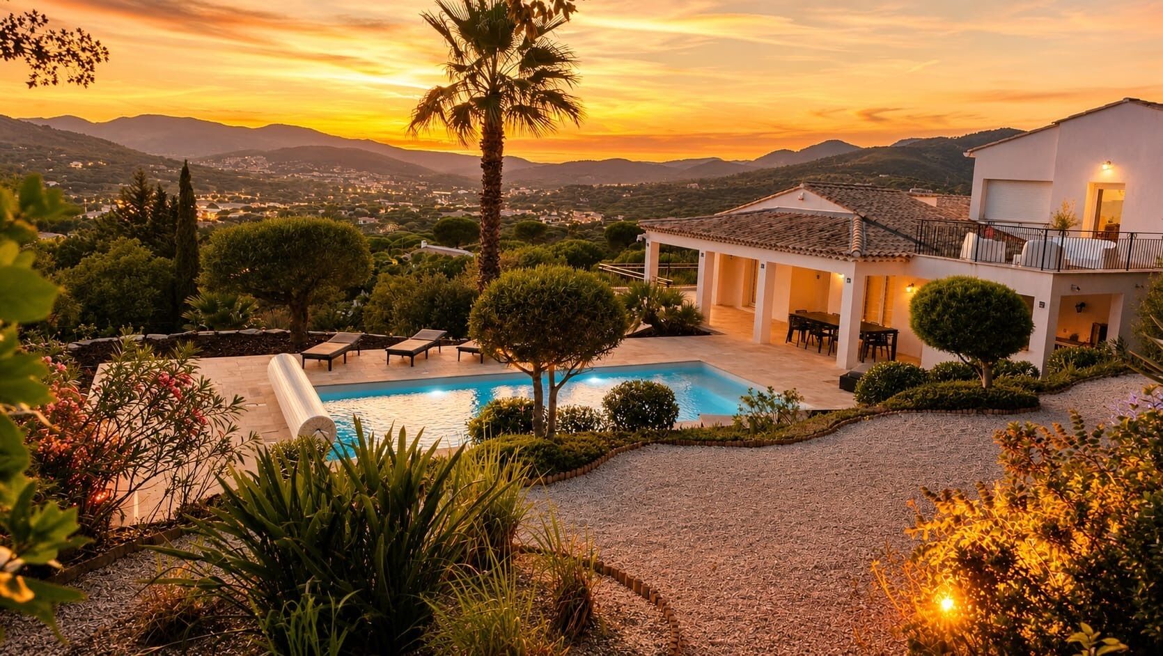 Una propiedad residencial con piscina, mobiliario exterior y vistas a colinas distantes.