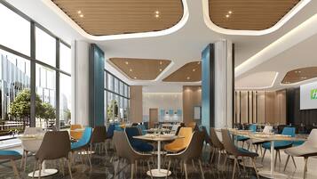 A modern dining area with tables and chairs, large windows, and a curved ceiling design.