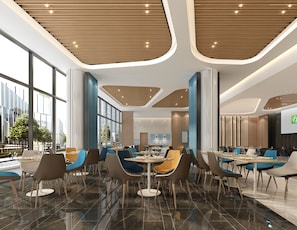 A modern dining area with tables and chairs, large windows, and a curved ceiling design. - Holiday Inn Express Shanghai Zhangjiang by IHG (Shanghai)