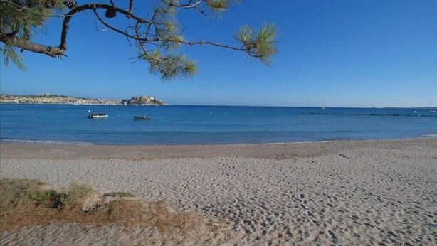 A sandy beach with a clear blue sky, a few boats on the water, and a distant rocky coastline. - Mare, appart avec jardin et bbq, vue mer et montagne, plage et port à 2 pas (Calvi)