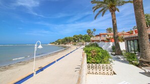 A beachside walkway with palm trees, a pool, and a building with a red roof in the background.