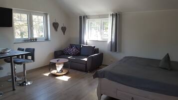 Una habitación con una cama, un sofá, una mesita y una silla. Hay dos ventanas con cortinas, un televisor de pantalla plana montado en la pared y una pequeña mesa con un control remoto encima.