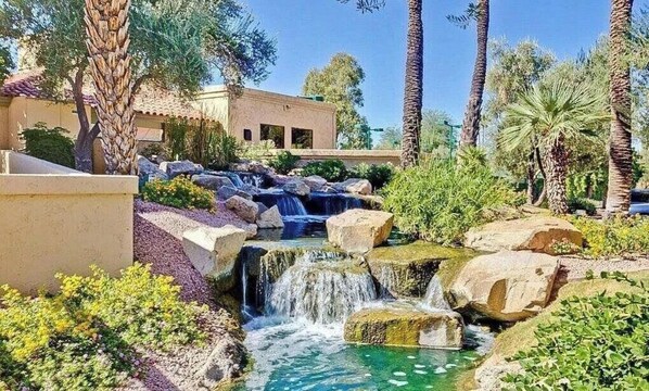 Ein angelegter Garten mit einem Wasserfall, Palmen und einem Gebäude mit einem Ziegeldach.