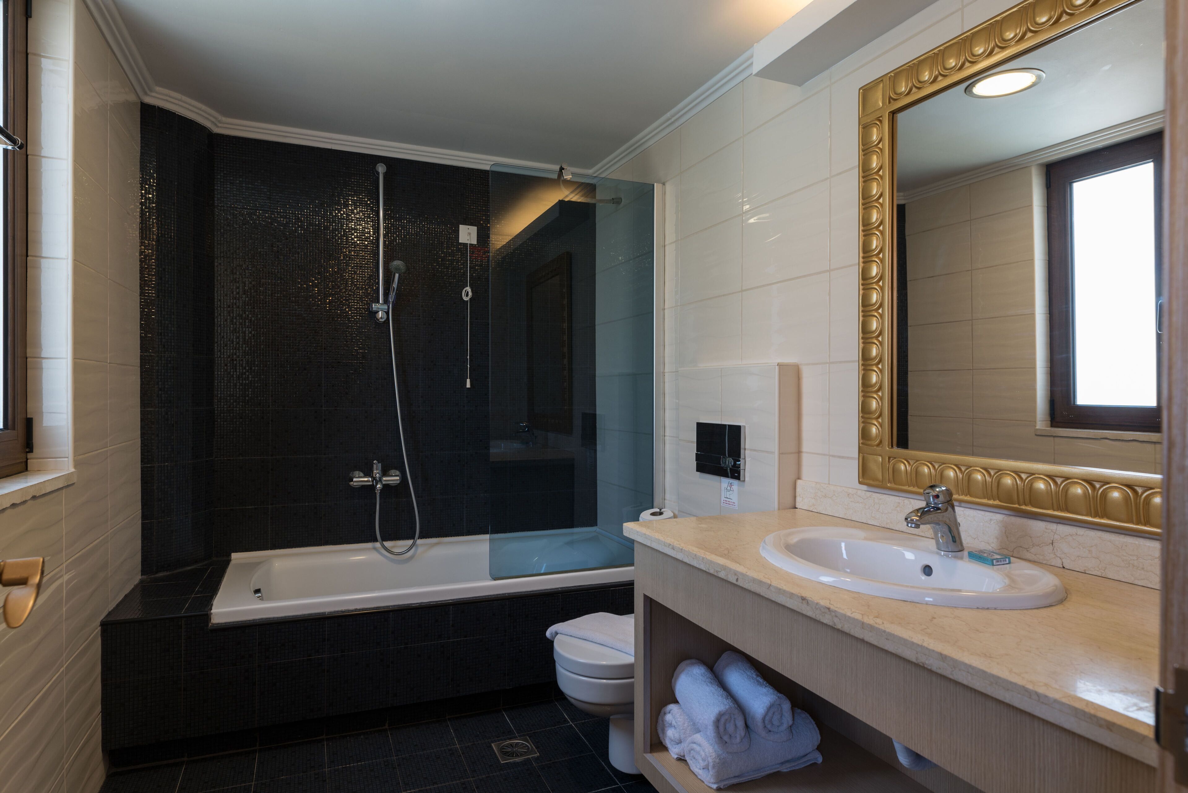 hair dryer, bathrobes, towels, soap