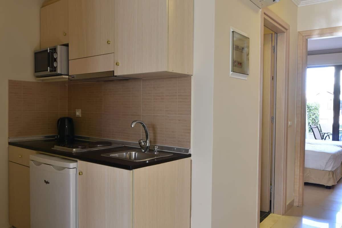 mini-fridge, microwave, stovetop, electric kettle