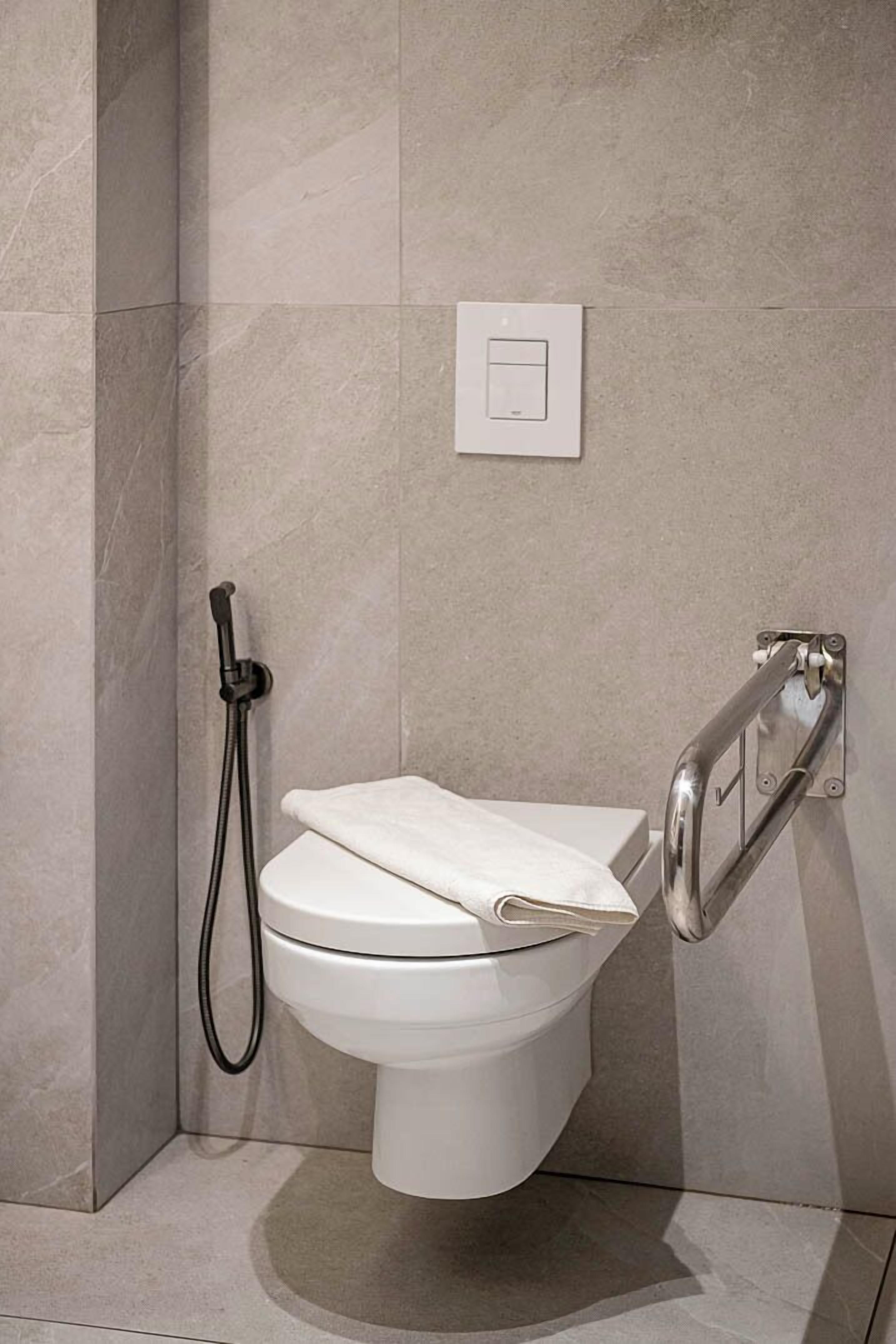 A modern bathroom with a white toilet, a handheld showerhead, and a wall-mounted handrail.