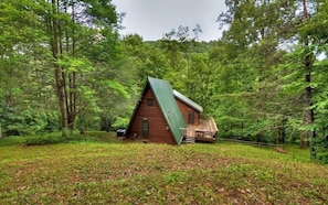 A cabin in a forest with a sloped roof, surrounded by dense trees.
