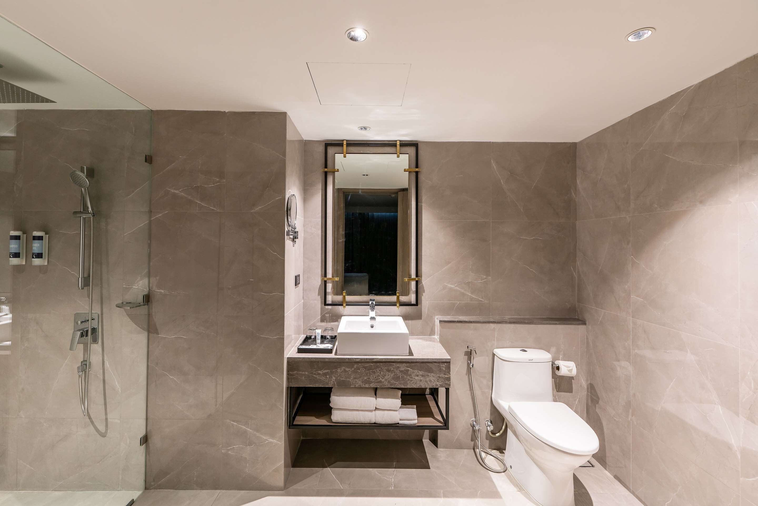 A modern bathroom with a glass-enclosed shower, a vanity with a sink, and a toilet.