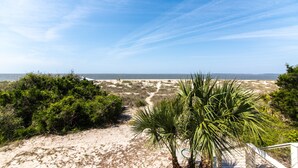 Vista de playa con arena, vegetación y cielo despejado.