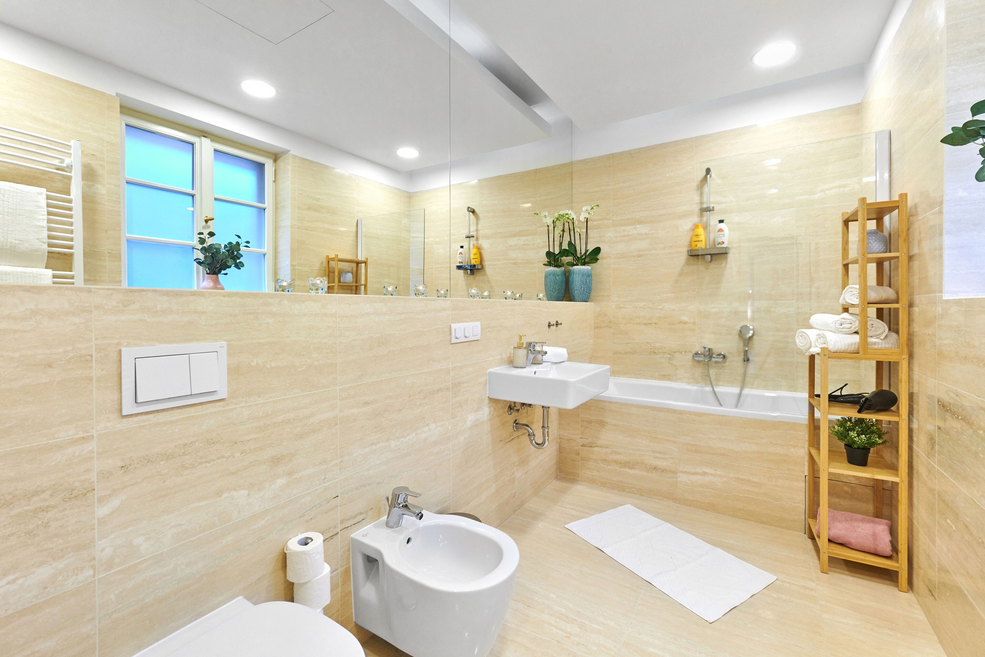 Bathtub, hair dryer, bidet, towels