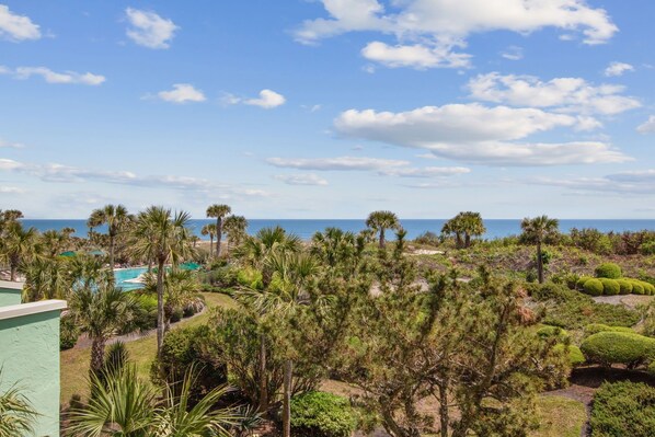 A coastal landscape with a pool, palm trees, and a view of the ocean.