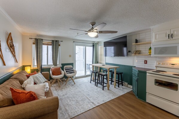 Smart TV, fireplace, DVD player, books