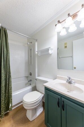 Hair dryer, towels, soap, shampoo