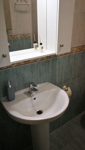 Combined shower/bathtub, hair dryer, towels, soap
