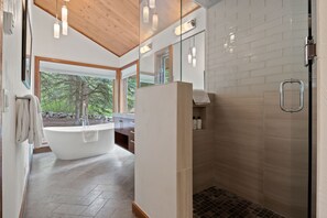 Bathtub, hair dryer, towels