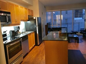 Fridge, microwave, oven, stovetop