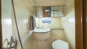 Uma casa de banho compacta com sanita, lavatório e chuveiro.