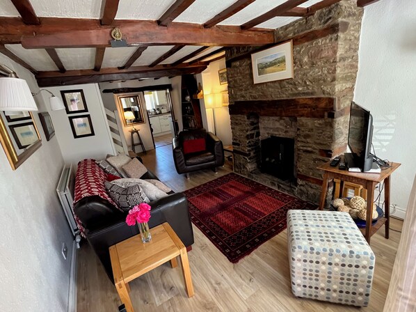 Smart TV, chimenea, reproductor de DVD y libros