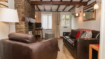 Una Smart TV, una chimenea, un reproductor de DVD, libros