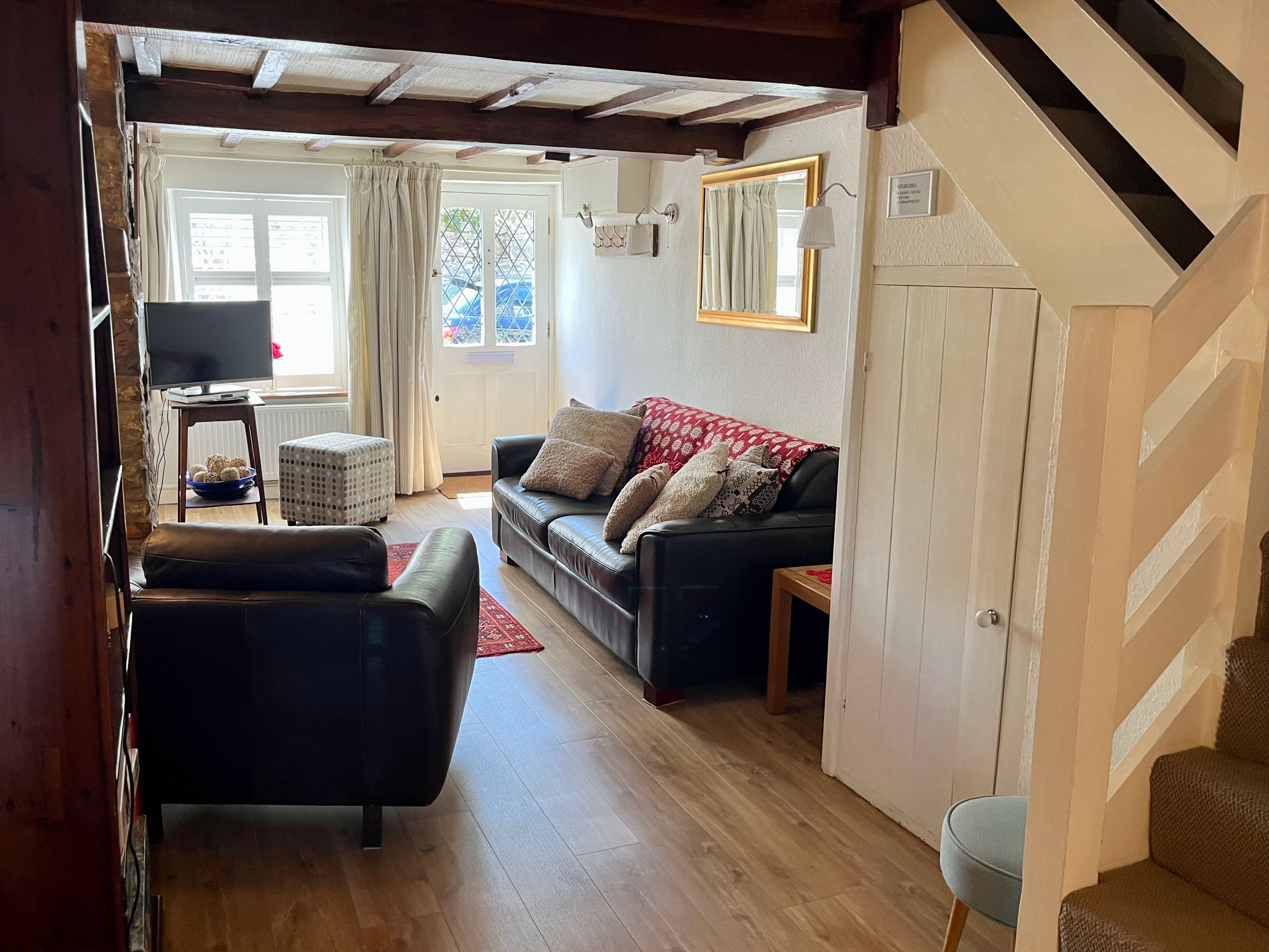 TV connectée, cheminée, lecteur de DVD, livres